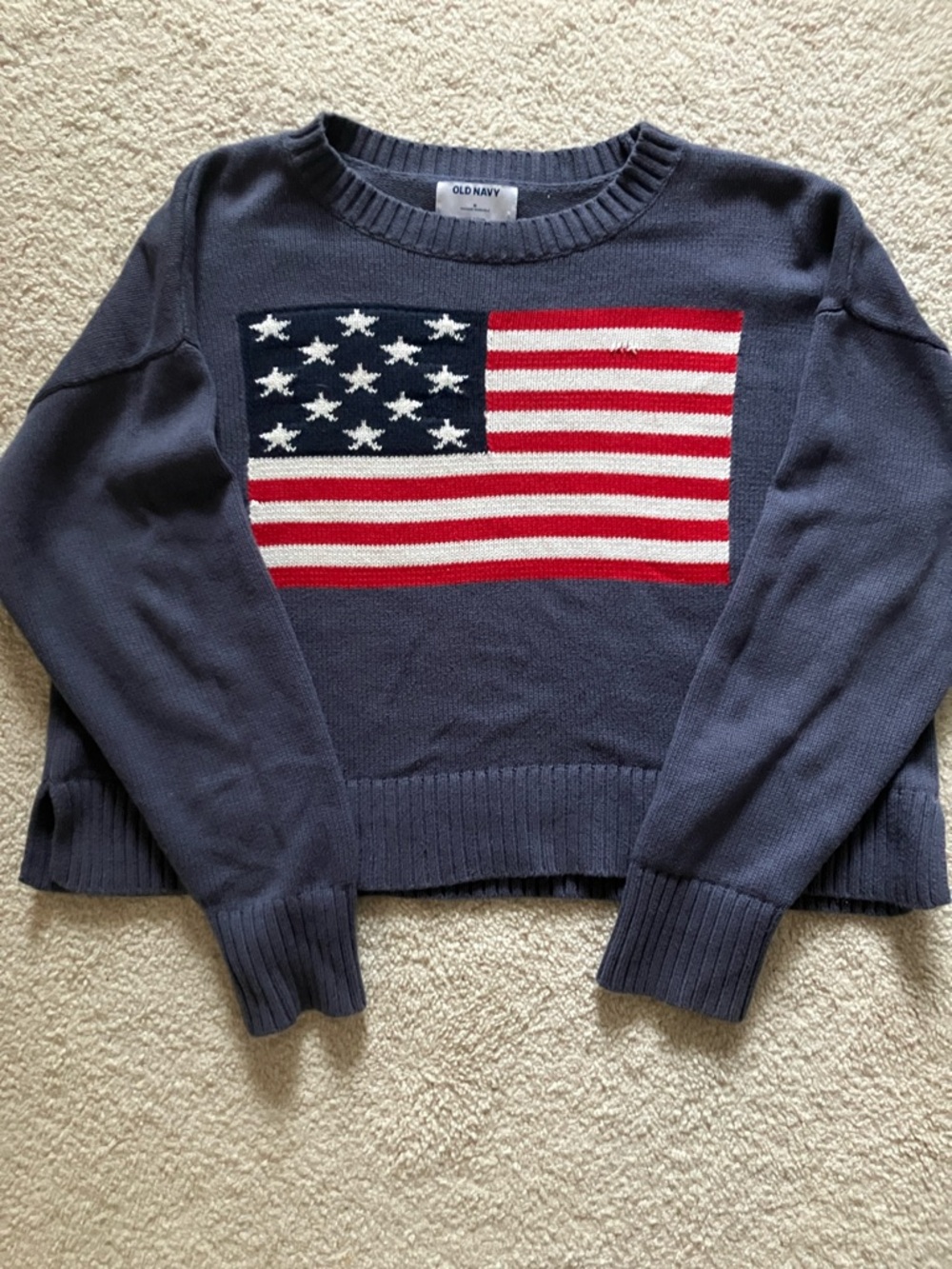 Old Navy Navy Crewneck Sweater with American Flag Panel